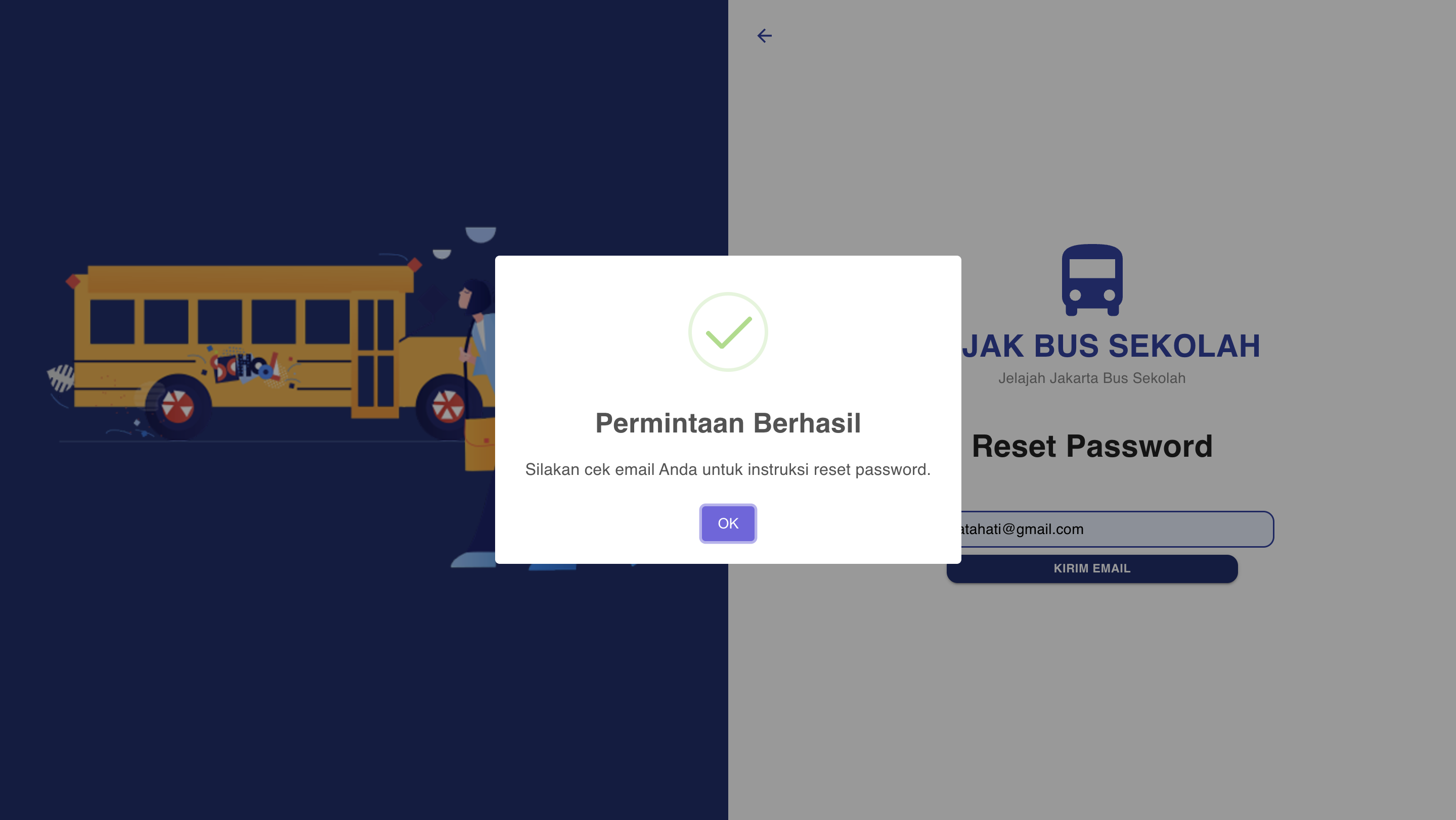 Popup Permintaan Reset Berhasil