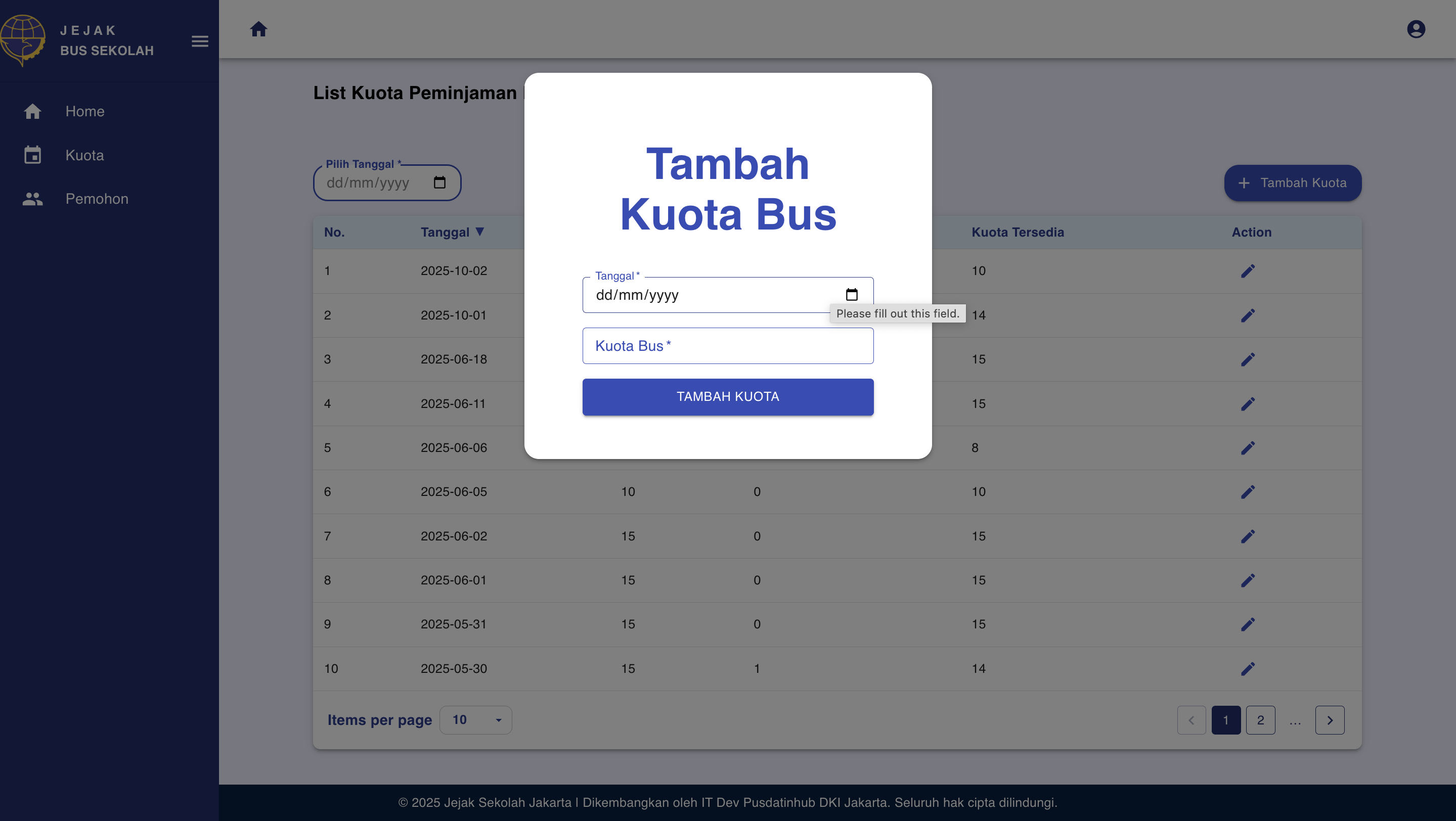 Popup Tambah Kuota - Pilih Tanggal